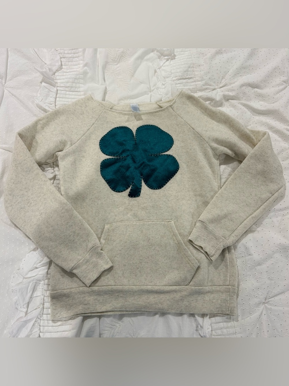 Cream Sweatshirt with Green Clover Applique - Women's Top